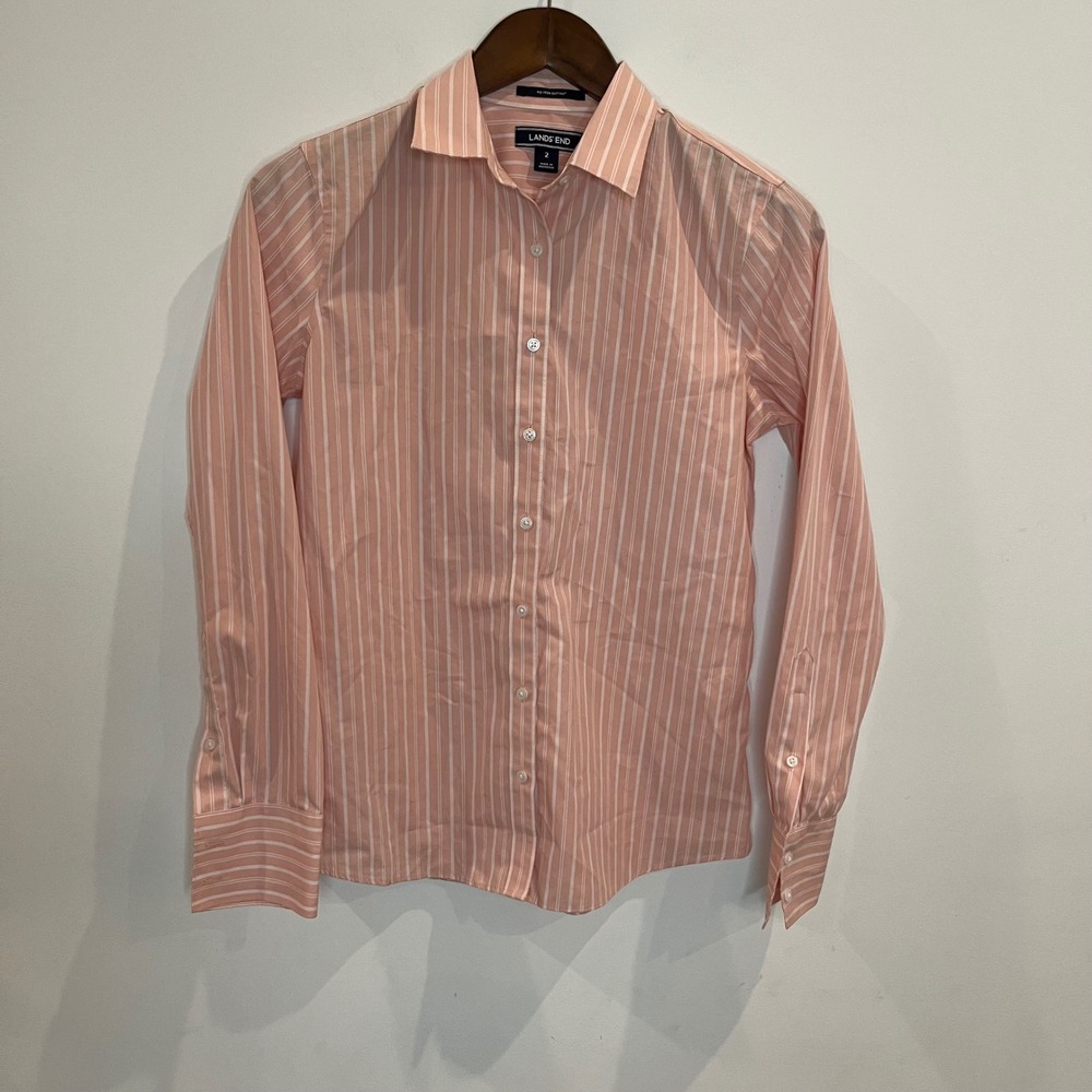 Lands' End Womens 2 No Iron Supima Cotton Striped Button Down Shirt Peach White